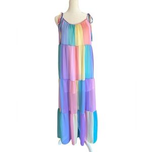 Rainbow Colorful Pastel Striped Tiered Tie-Shoulder Maxi Dress Made in USA Sz S